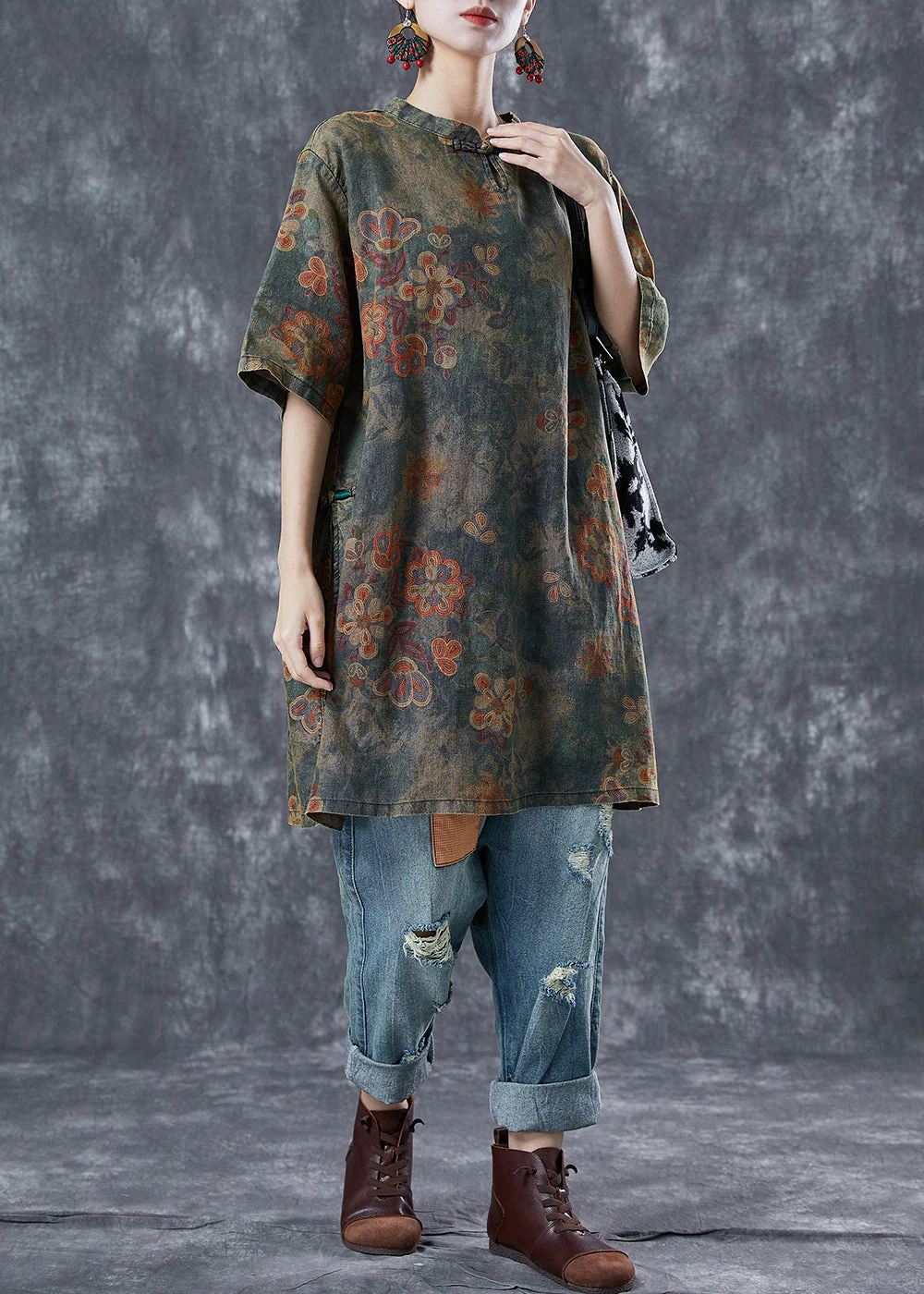 Vintage Blackish Green Oversized Tie Dye Linen Vacation Dress Summer - Image 3