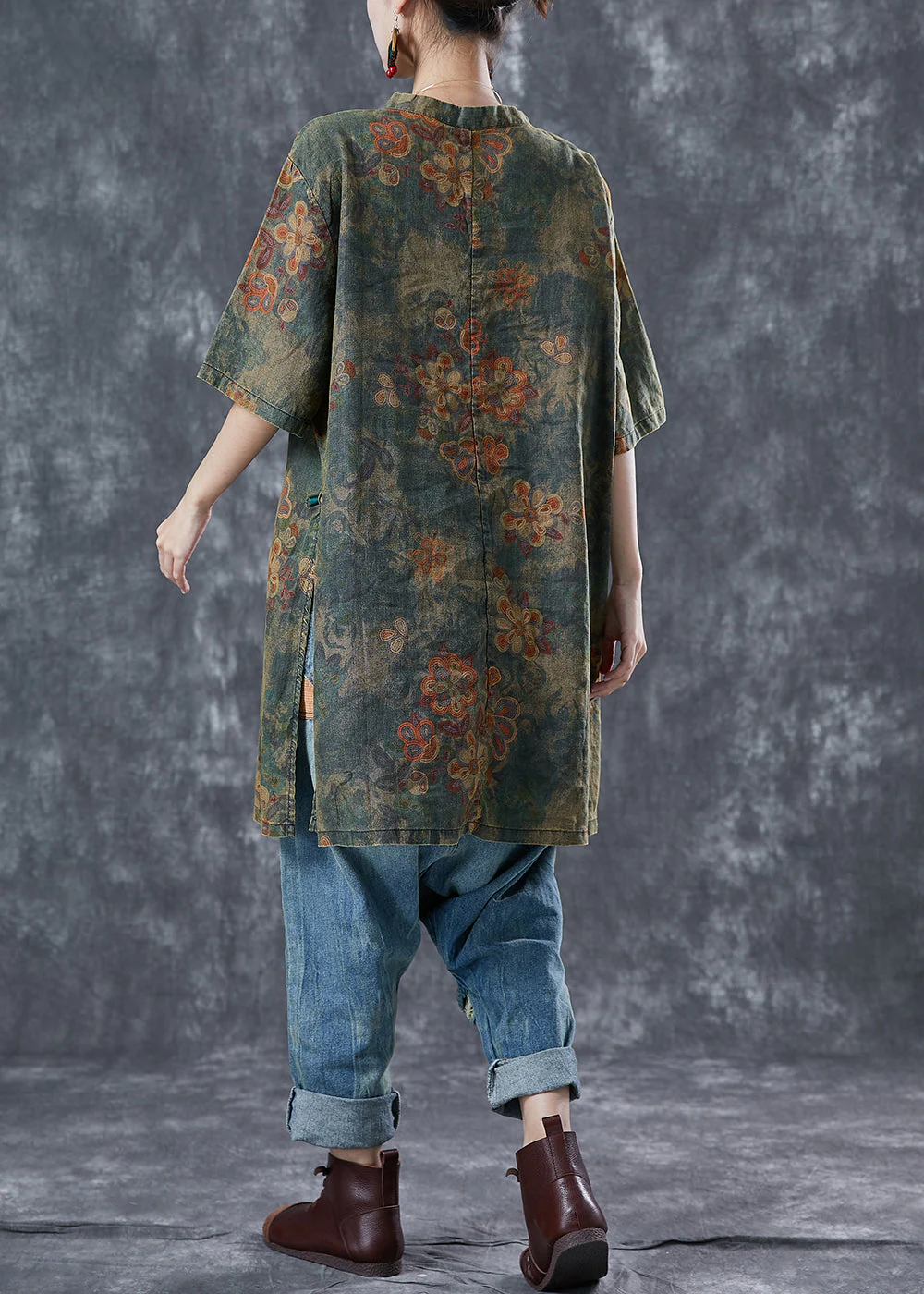 Vintage Blackish Green Oversized Tie Dye Linen Vacation Dress Summer - Image 4