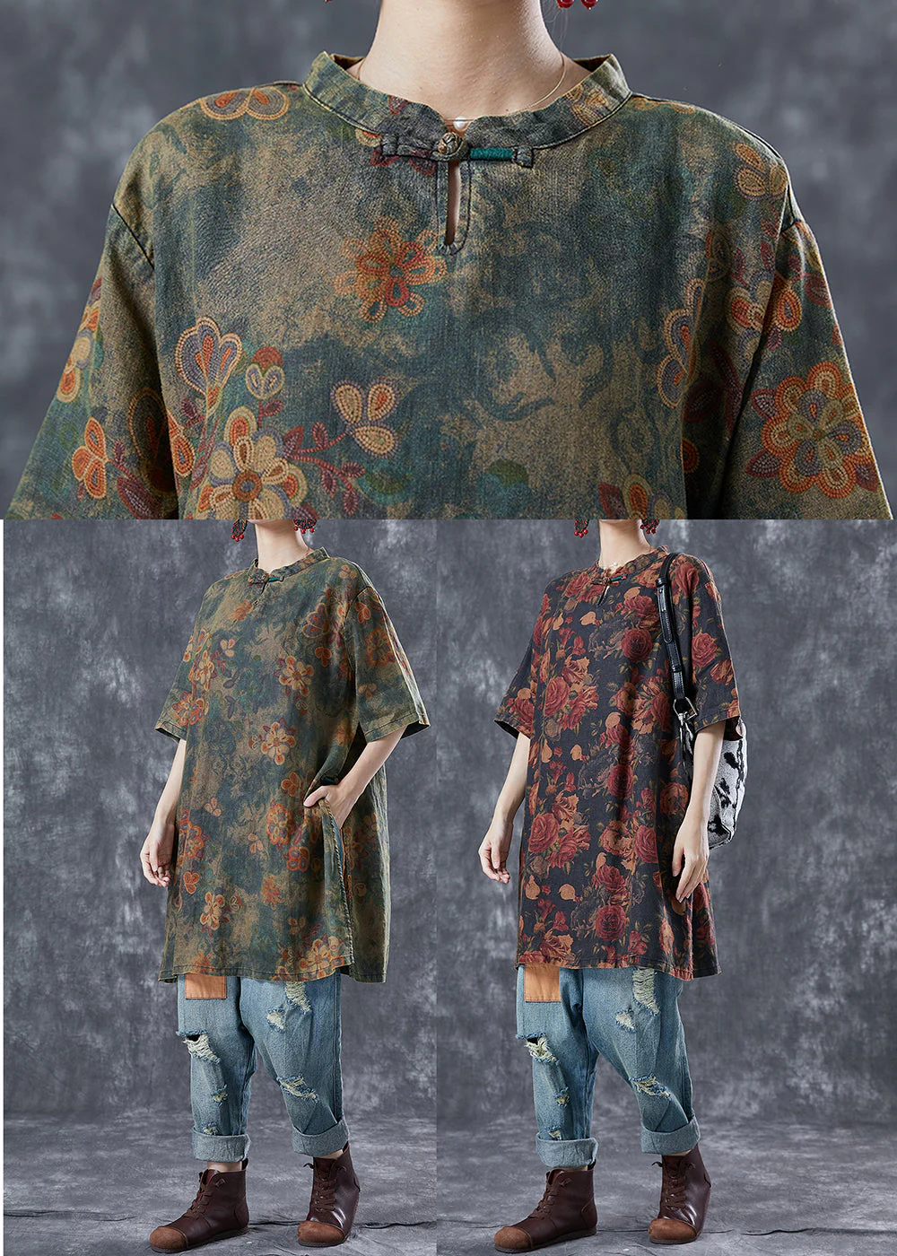 Vintage Blackish Green Oversized Tie Dye Linen Vacation Dress Summer - Image 5