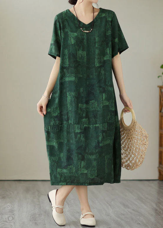 Vintage Blackish Green V Neck Print Patchwork Cotton Dress Summer - Image 2