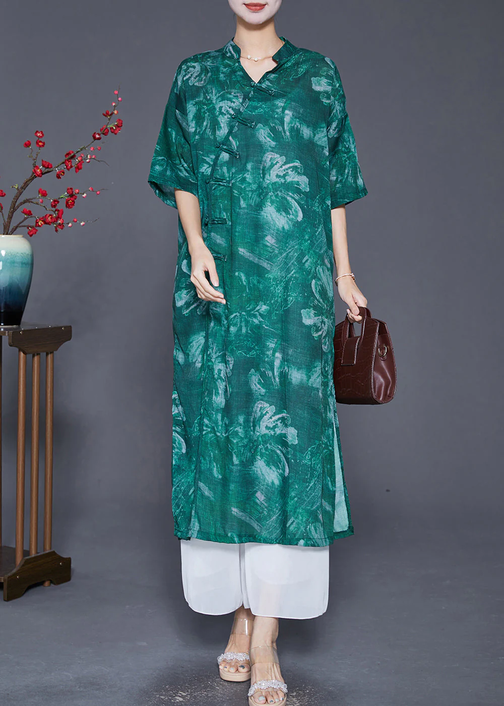 Vintage Blackish Green V Neck Tie Dye Linen Gown Dresses Half Sleeve