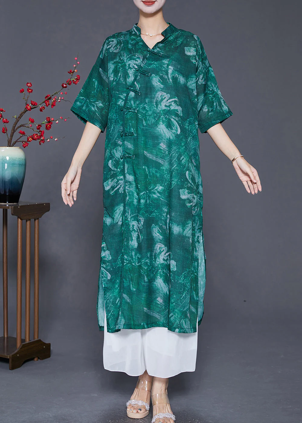 Vintage Blackish Green V Neck Tie Dye Linen Gown Dresses Half Sleeve - Image 2