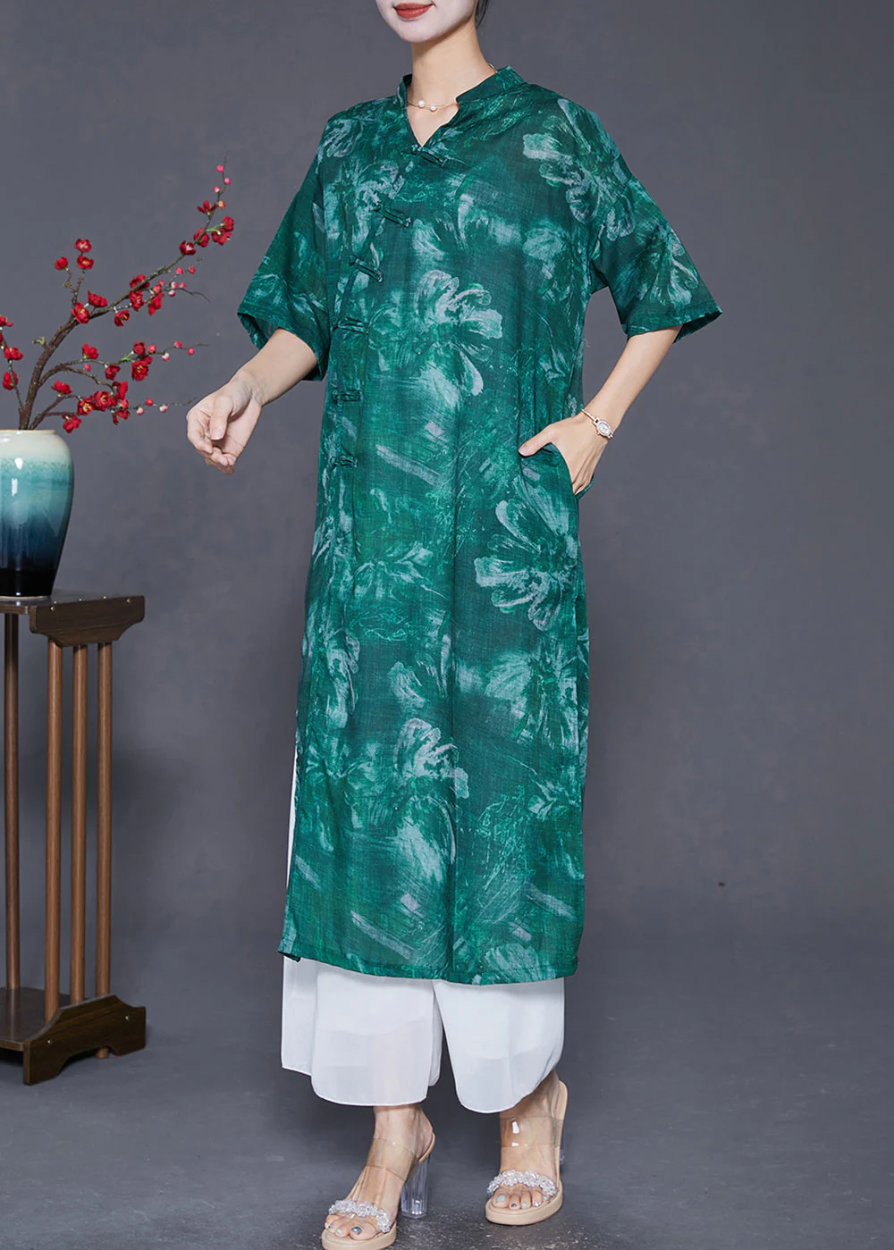Vintage Blackish Green V Neck Tie Dye Linen Gown Dresses Half Sleeve - Image 3