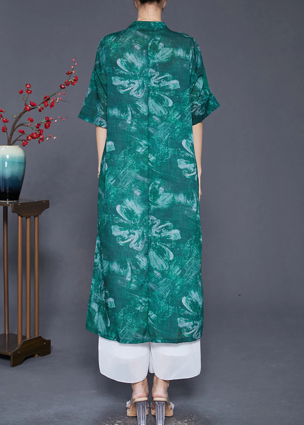 Vintage Blackish Green V Neck Tie Dye Linen Gown Dresses Half Sleeve - Image 4