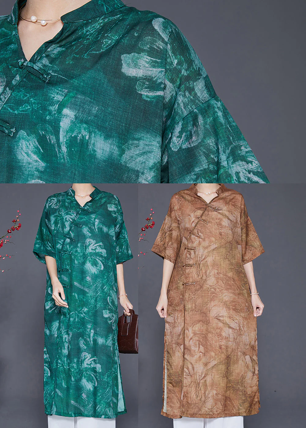 Vintage Blackish Green V Neck Tie Dye Linen Gown Dresses Half Sleeve - Image 5
