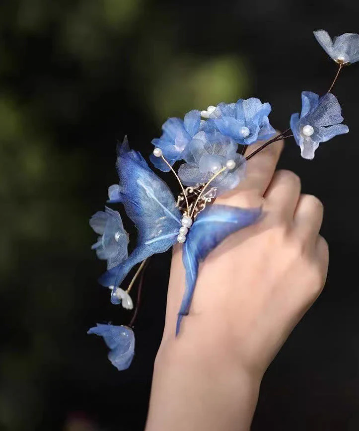 Vintage Blue Alloy Pearl Butterfly Floral Tassel Hairpin - Image 2