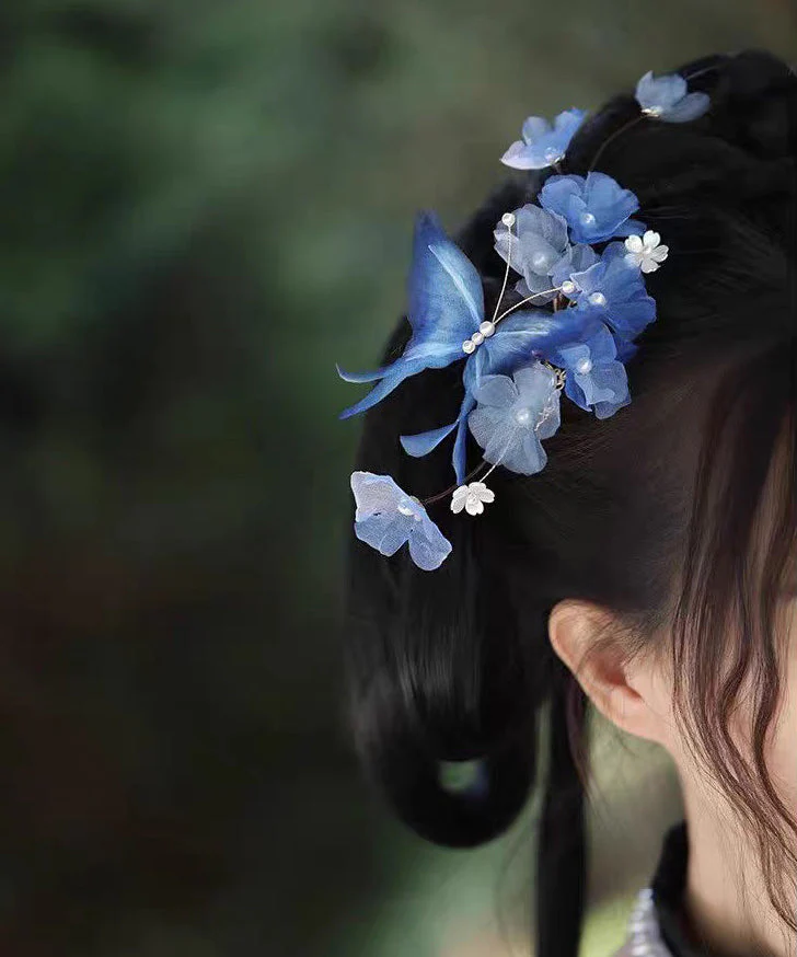 Vintage Blue Alloy Pearl Butterfly Floral Tassel Hairpin - Image 3