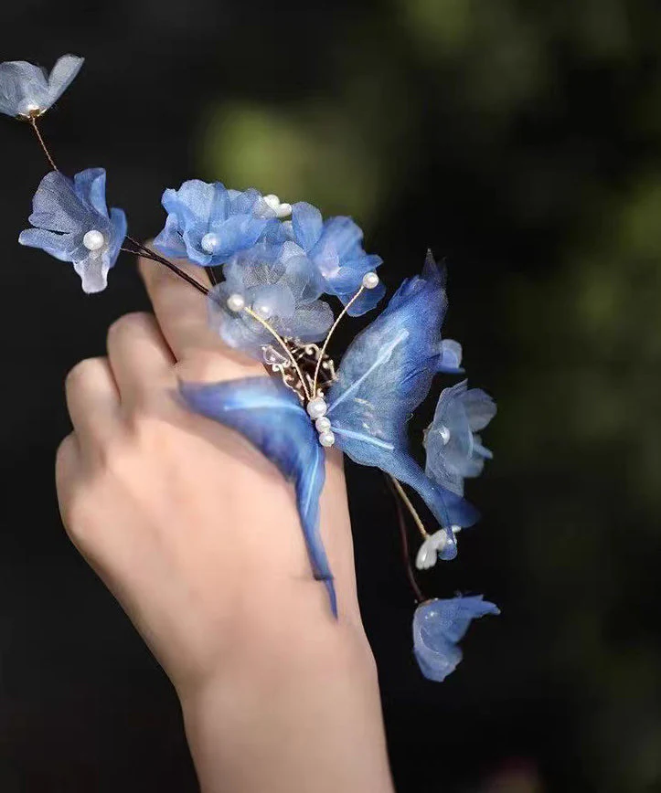 Vintage Blue Alloy Pearl Butterfly Floral Tassel Hairpin - Image 4