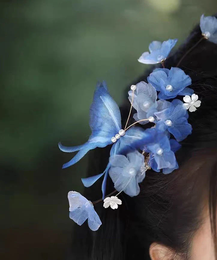 Vintage Blue Alloy Pearl Butterfly Floral Tassel Hairpin - Image 5