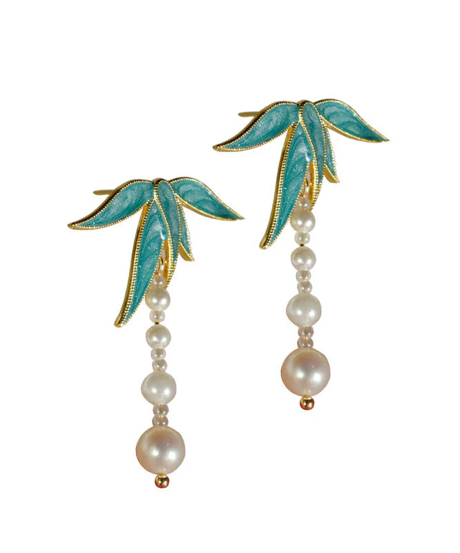 Vintage Blue Alloy Pearl Drip Glaze Bamboo Leaf Tassel Drop Earrings - Image 5