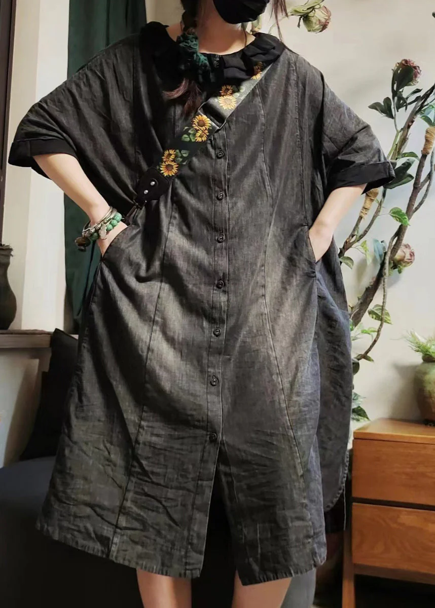 Vintage Blue Button Pockets Denim Shirts Dress Half Sleeve - Image 2