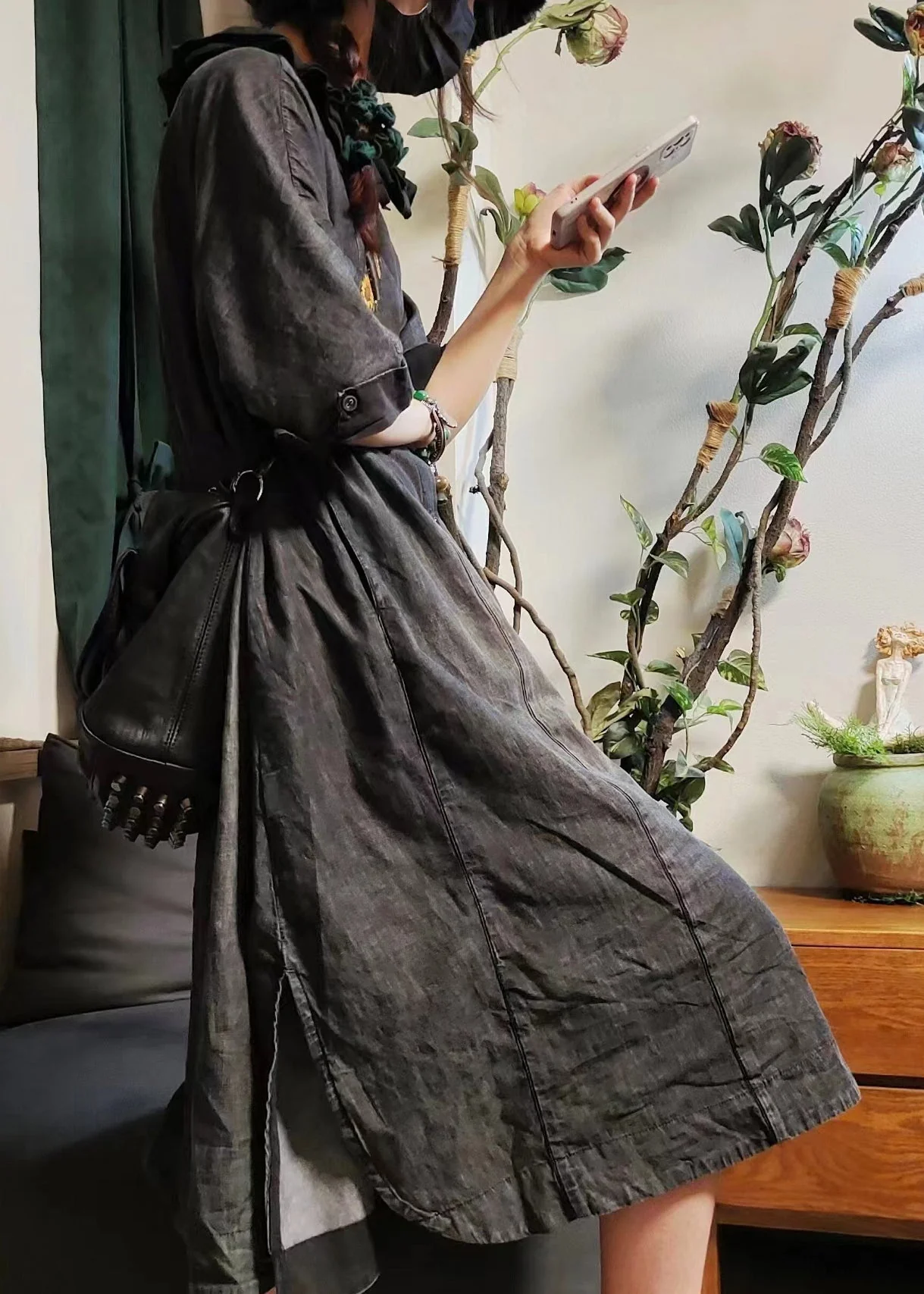 Vintage Blue Button Pockets Denim Shirts Dress Half Sleeve - Image 3