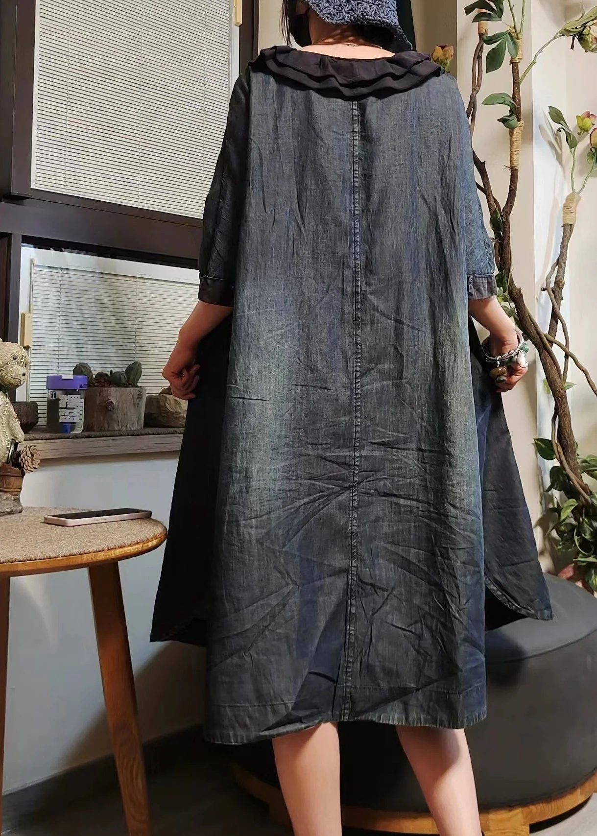 Vintage Blue Button Pockets Denim Shirts Dress Half Sleeve - Image 4