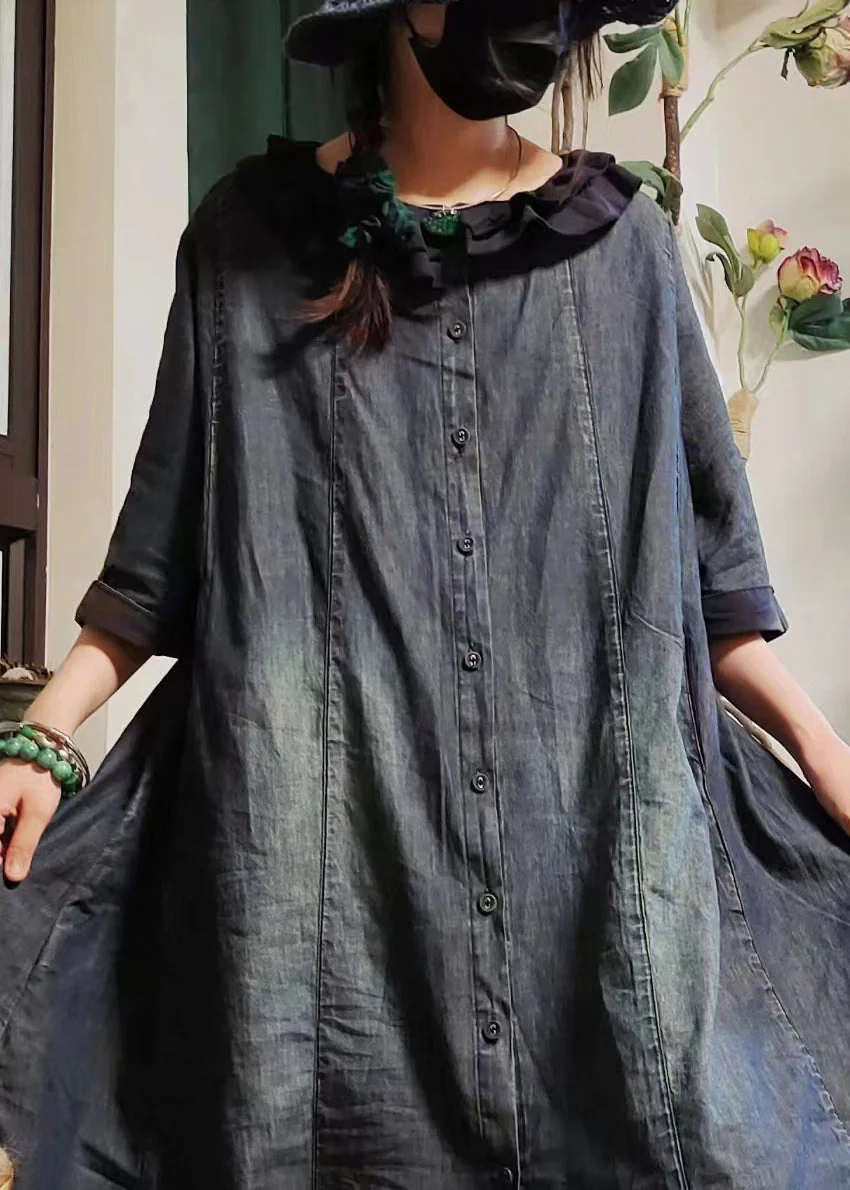 Vintage Blue Button Pockets Denim Shirts Dress Half Sleeve - Image 5