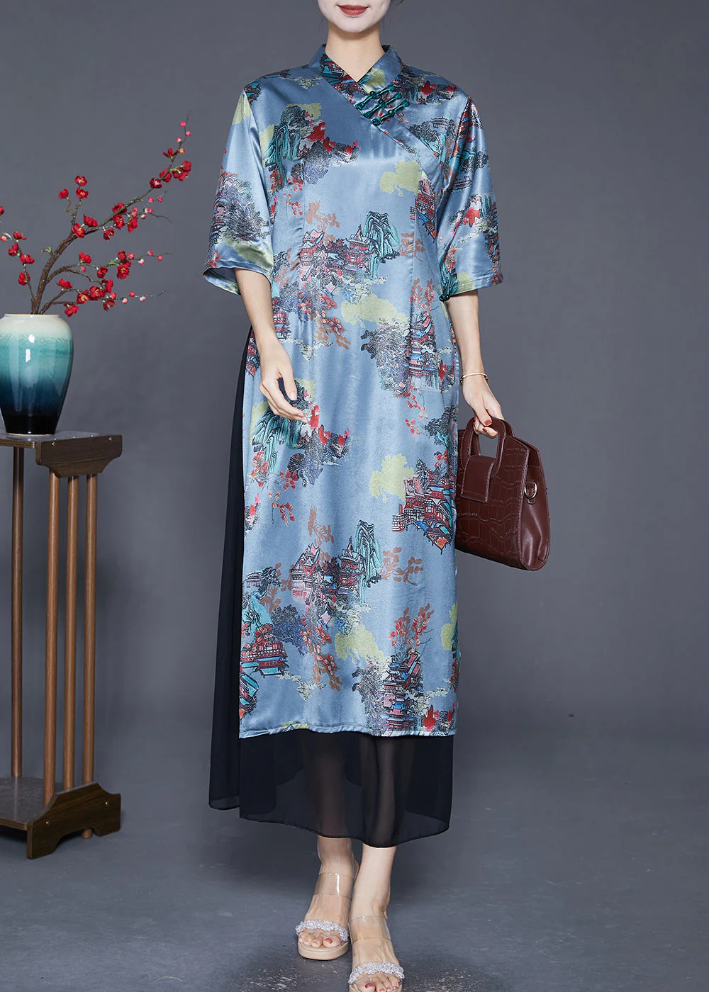 Vintage Blue Chinese Button Patchwork Silk Fake Two Piece Dresses Summer - Image 2