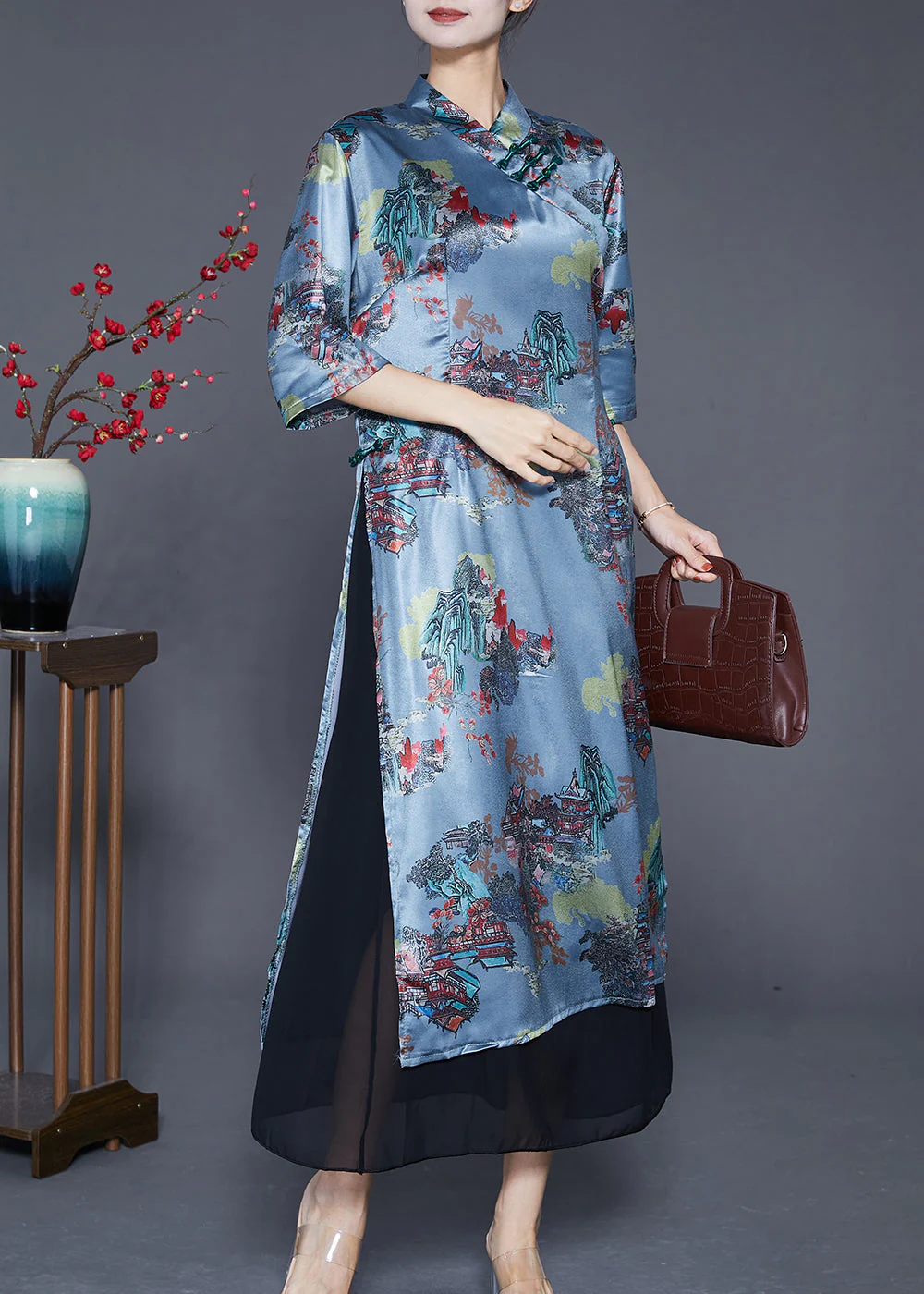 Vintage Blue Chinese Button Patchwork Silk Fake Two Piece Dresses Summer - Image 3