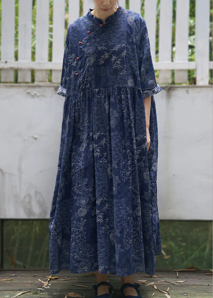 Vintage Blue Cinched Print Cotton Maxi Dress Half Sleeve - Image 2