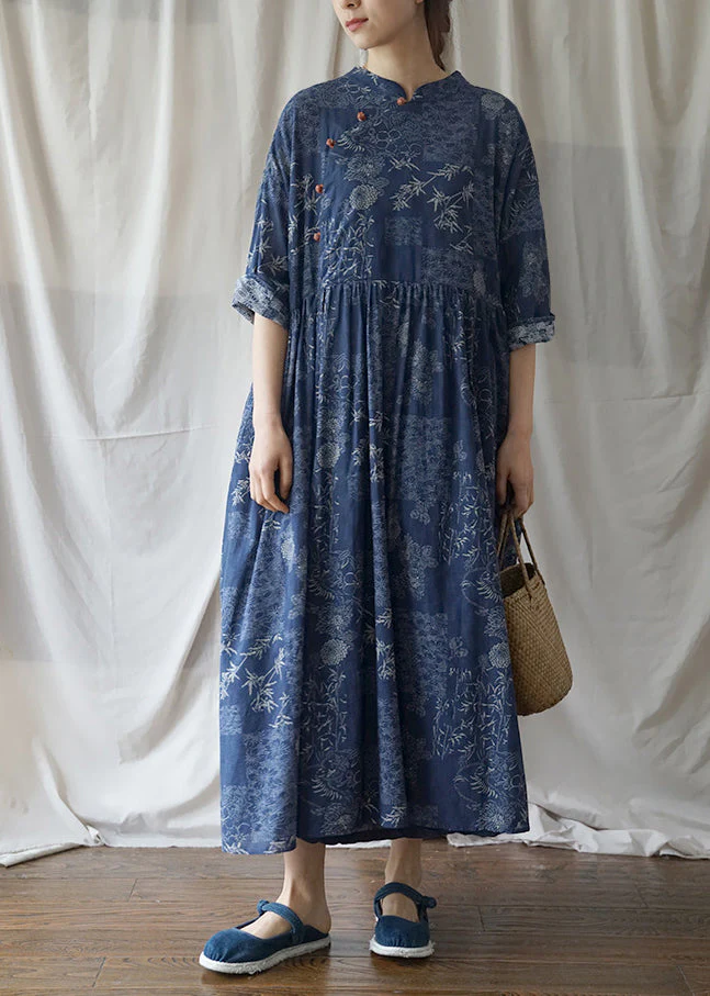 Vintage Blue Cinched Print Cotton Maxi Dress Half Sleeve - Image 3