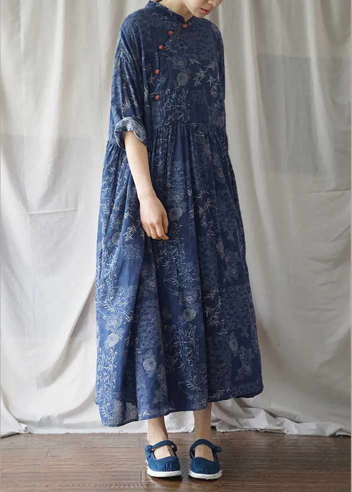 Vintage Blue Cinched Print Cotton Maxi Dress Half Sleeve - Image 4