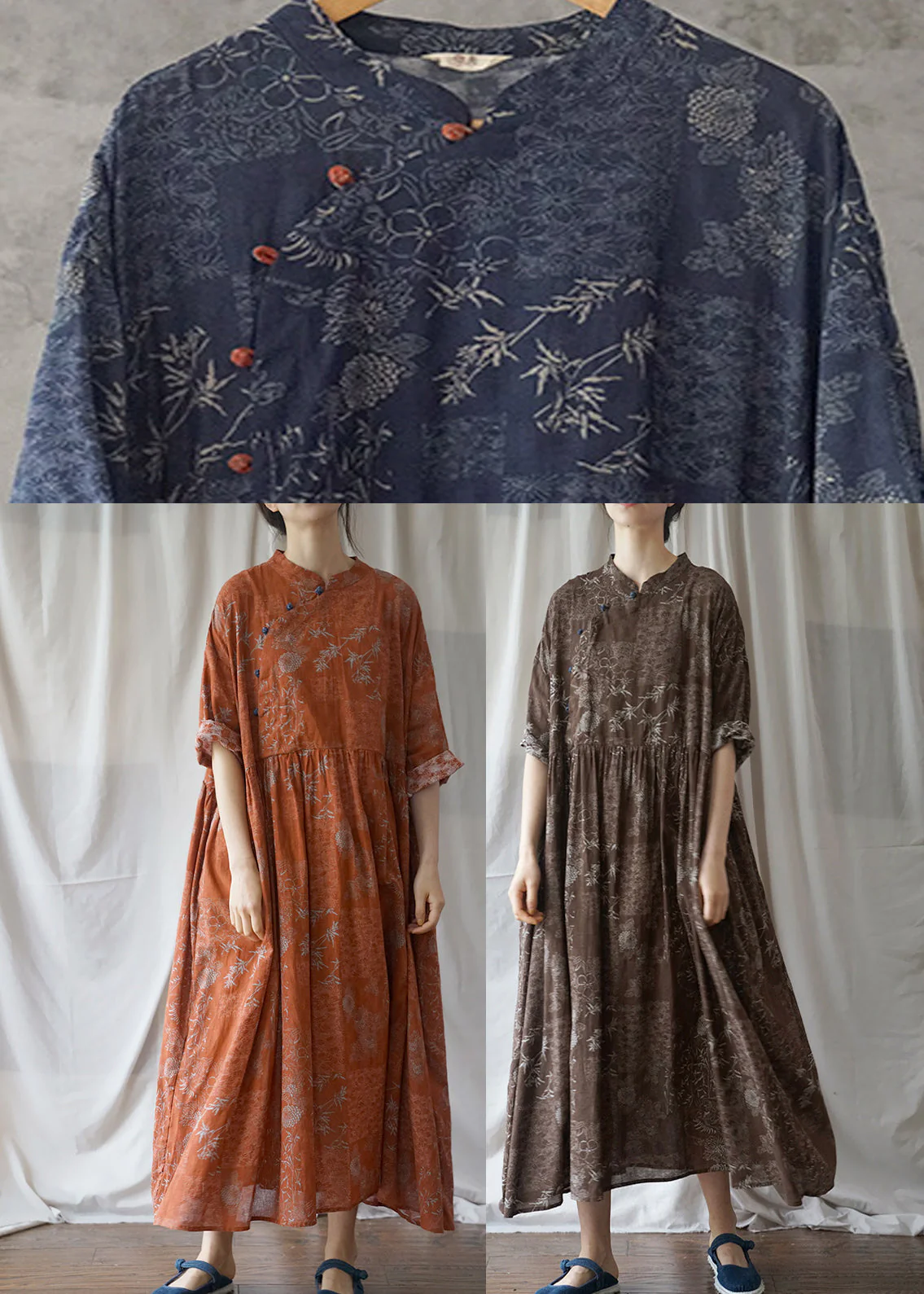 Vintage Blue Cinched Print Cotton Maxi Dress Half Sleeve - Image 5