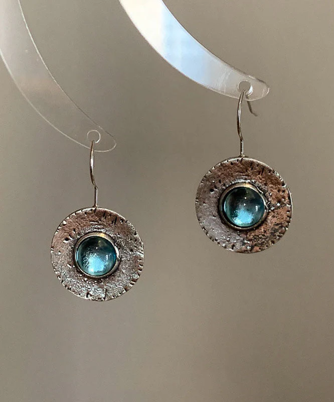 Vintage Blue Copper Alloy Gem Stone Hoop Earrings - Image 2