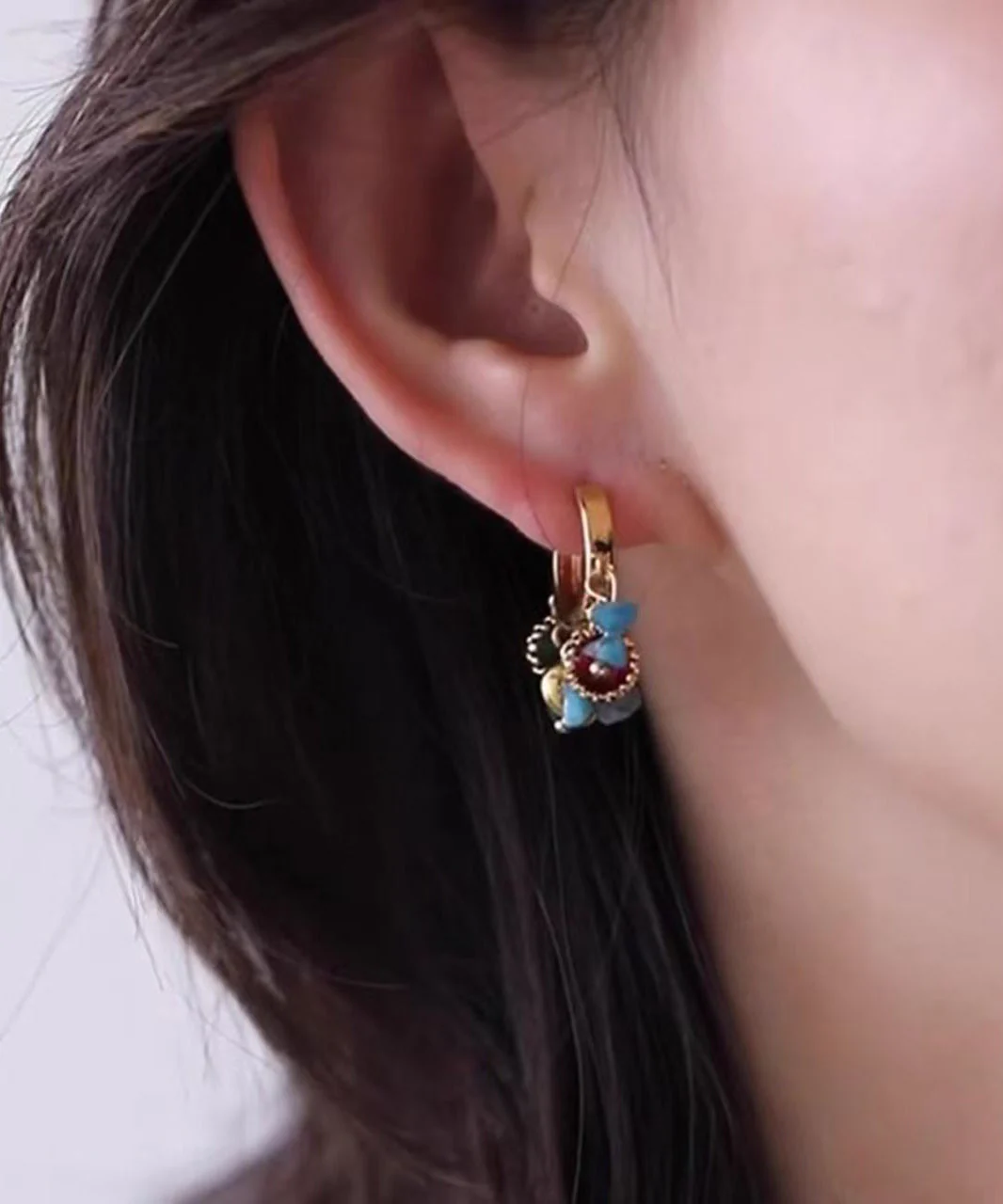 Vintage Blue Copper Overgild Asymmetrical Tassel Hoop Earrings - Image 2