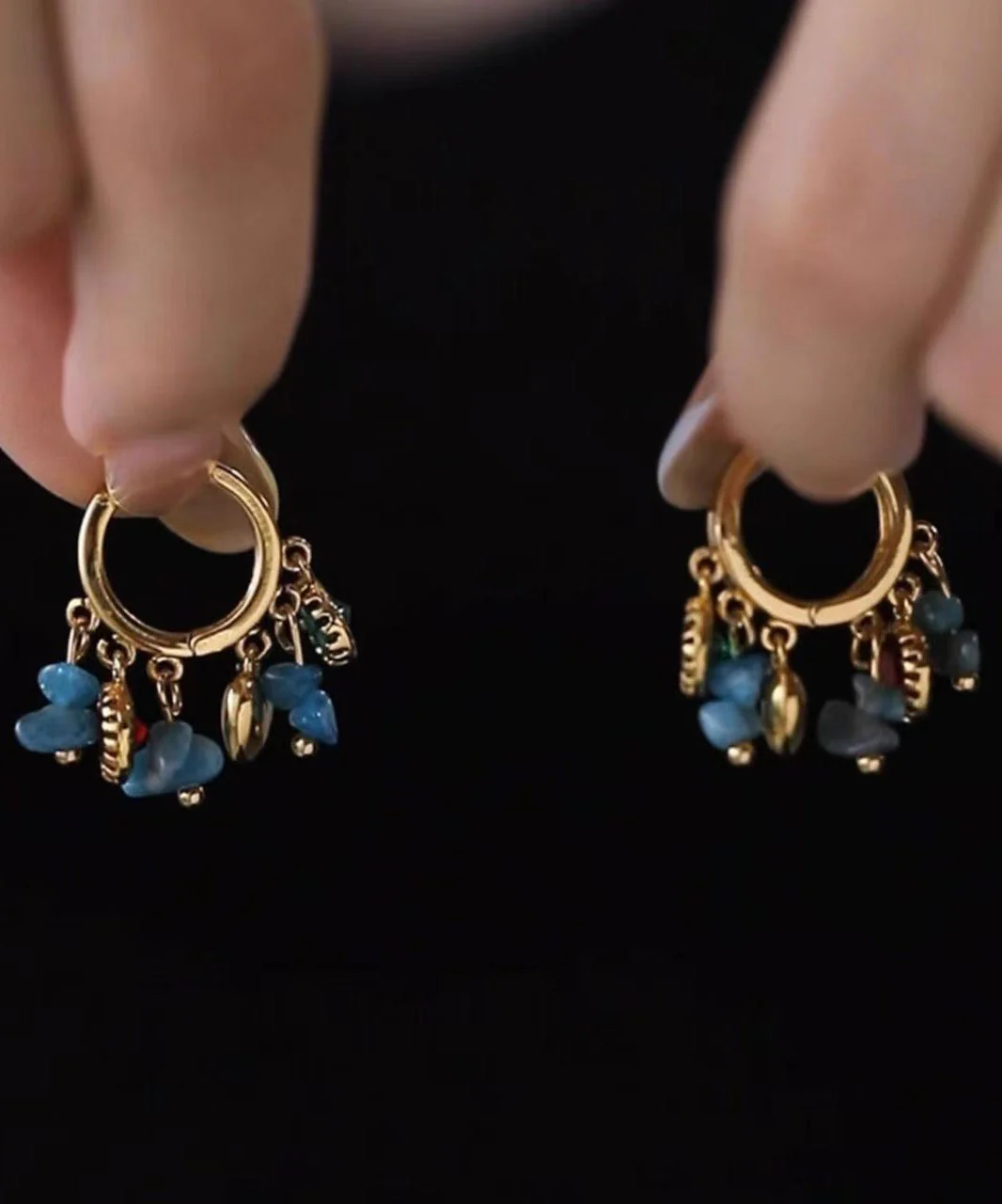 Vintage Blue Copper Overgild Asymmetrical Tassel Hoop Earrings - Image 4