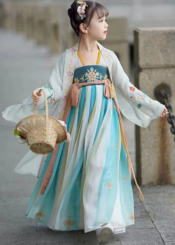 Vintage Blue Embroideried Wrinkled Patchwork Chiffon Kids Girls Long Dresses Summer - Image 3