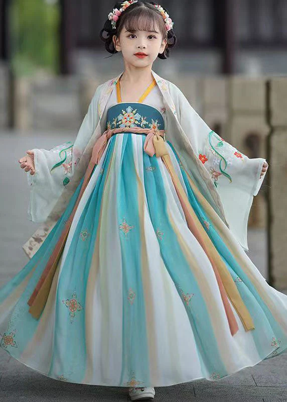 Vintage Blue Embroideried Wrinkled Patchwork Chiffon Kids Girls Long Dresses Summer - Image 4