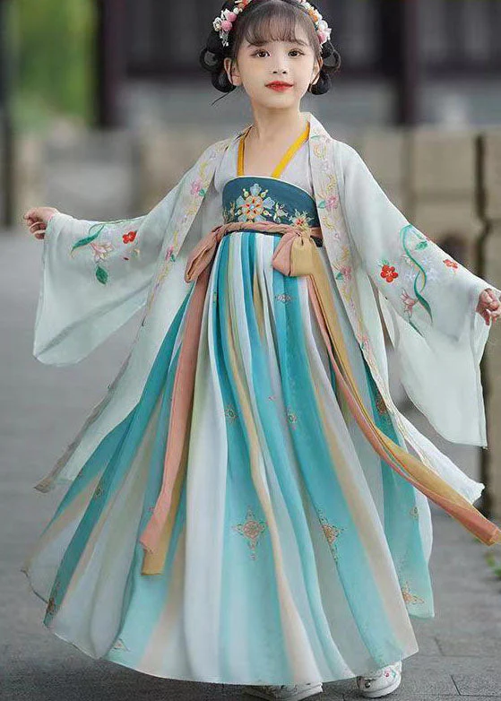 Vintage Blue Embroideried Wrinkled Patchwork Chiffon Kids Girls Long Dresses Summer - Image 5