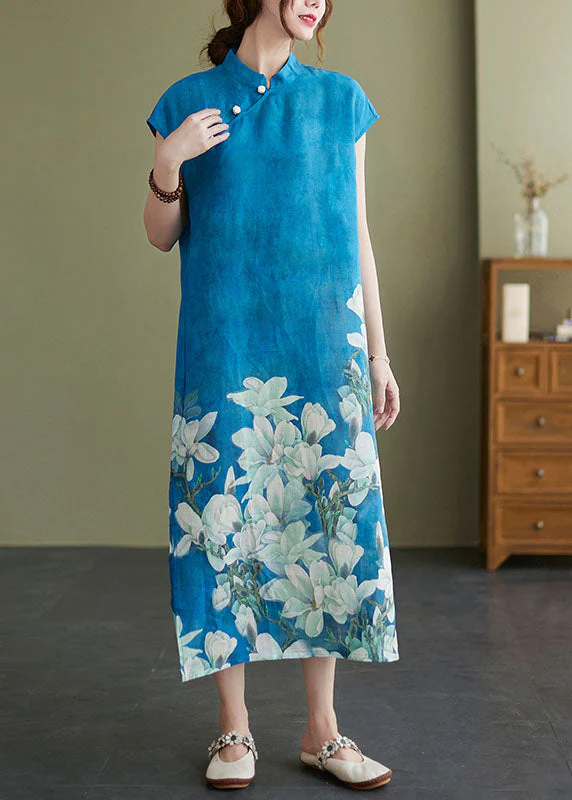 Vintage Blue Mandarin Collar Floral Print Side Open Cheongsam Dresses Short Sleeve - Image 2