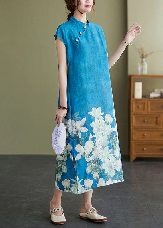 Vintage Blue Mandarin Collar Floral Print Side Open Cheongsam Dresses Short Sleeve - Image 3