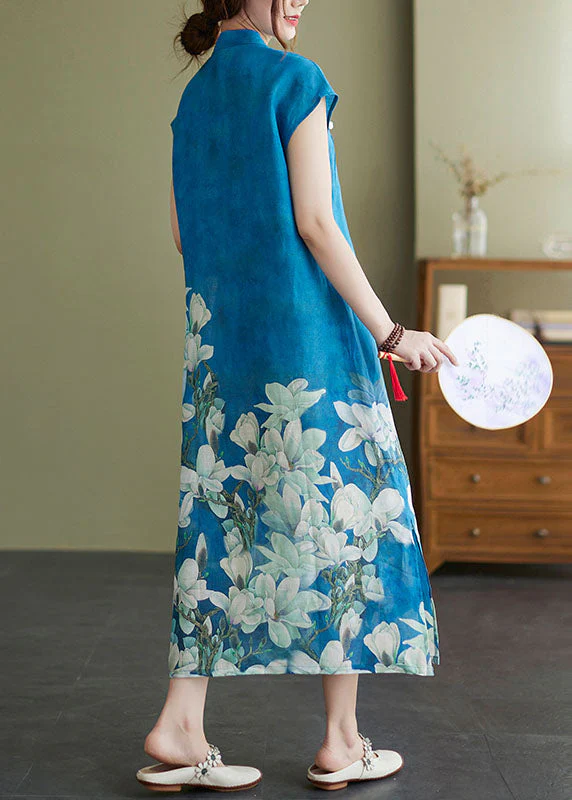 Vintage Blue Mandarin Collar Floral Print Side Open Cheongsam Dresses Short Sleeve - Image 4
