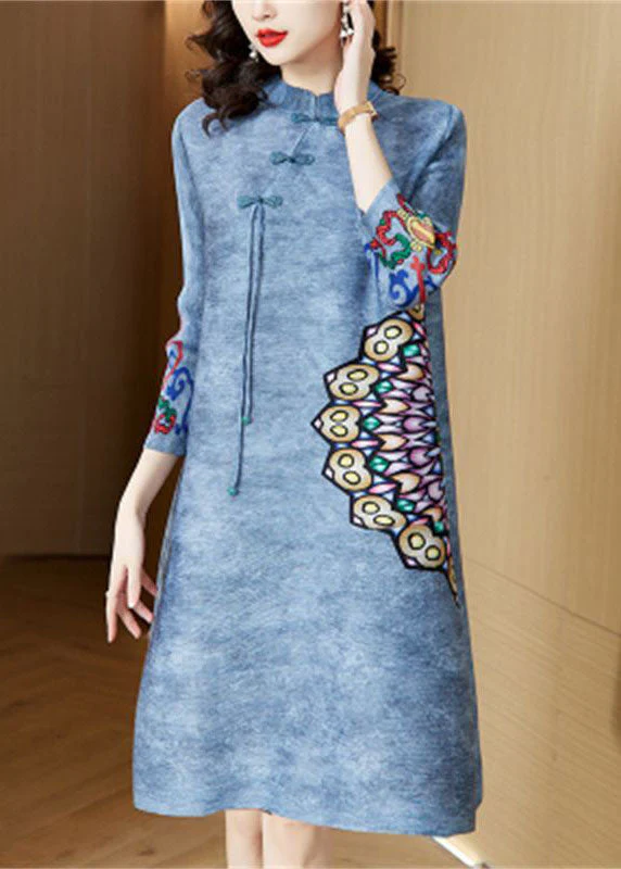 Vintage Blue Mandarin Collar Print Oriental A Line Dress Spring - Image 2