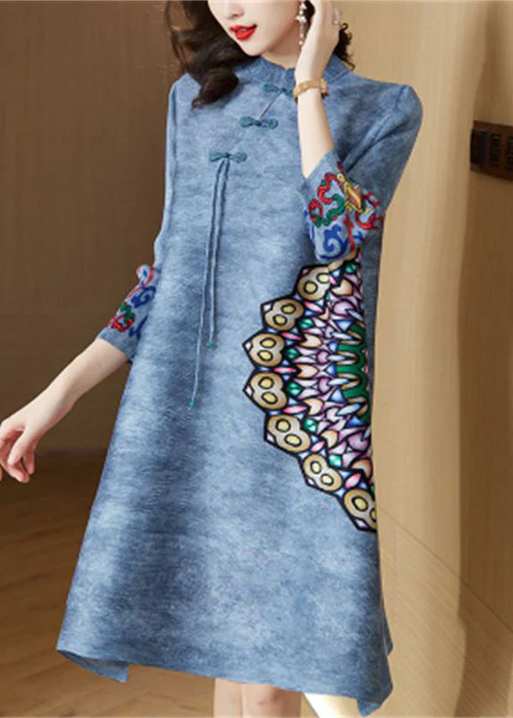 Vintage Blue Mandarin Collar Print Oriental A Line Dress Spring - Image 3