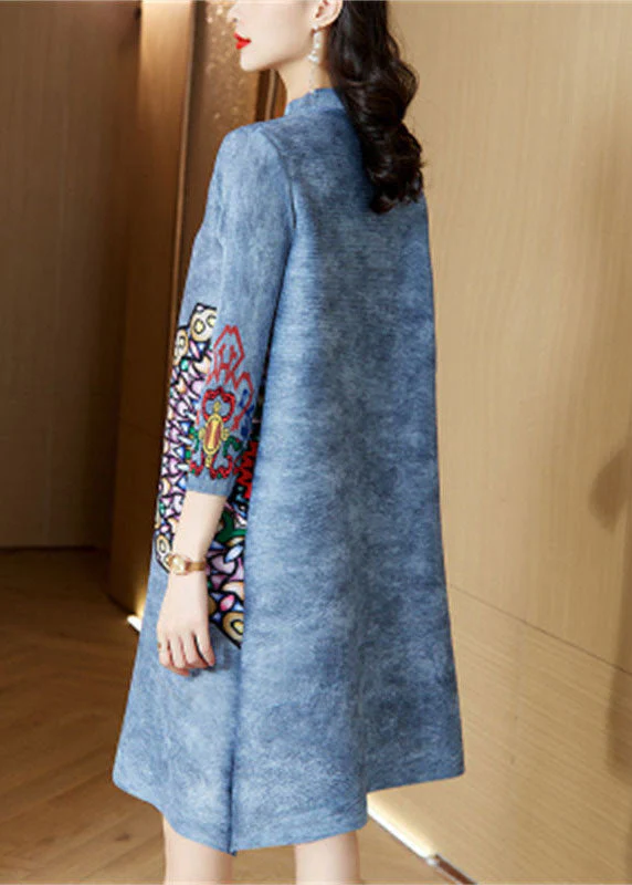 Vintage Blue Mandarin Collar Print Oriental A Line Dress Spring - Image 4