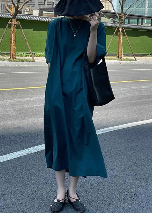 Vintage Blue O Neck High Waist Cotton Long Dress Half Sleeve - Image 2