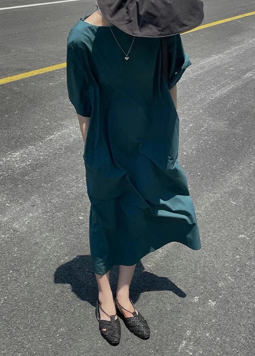 Vintage Blue O Neck High Waist Cotton Long Dress Half Sleeve - Image 3