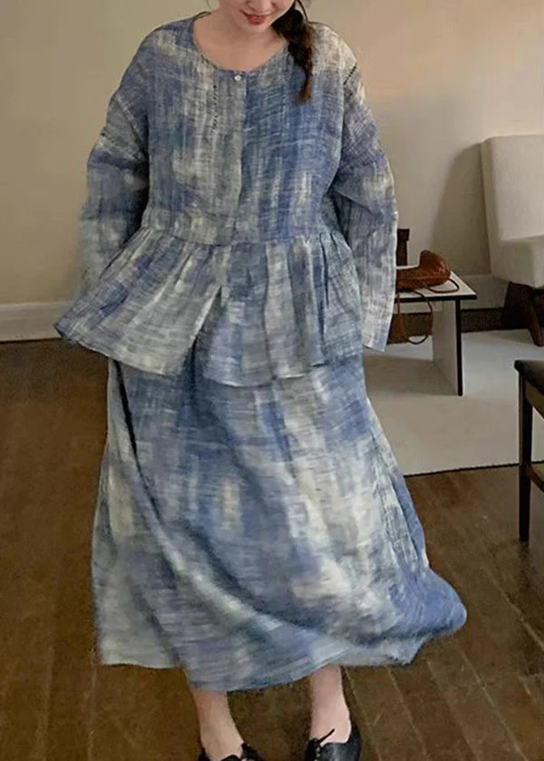 Vintage Blue O Neck Top And Spaghetti Strap Dress Cotton Two-Piece Set Spring - Image 2