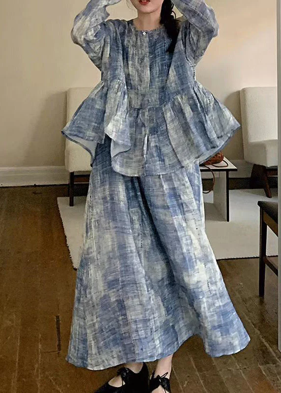 Vintage Blue O Neck Top And Spaghetti Strap Dress Cotton Two-Piece Set Spring - Image 3