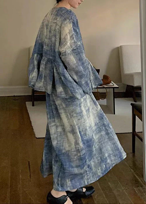 Vintage Blue O Neck Top And Spaghetti Strap Dress Cotton Two-Piece Set Spring - Image 4