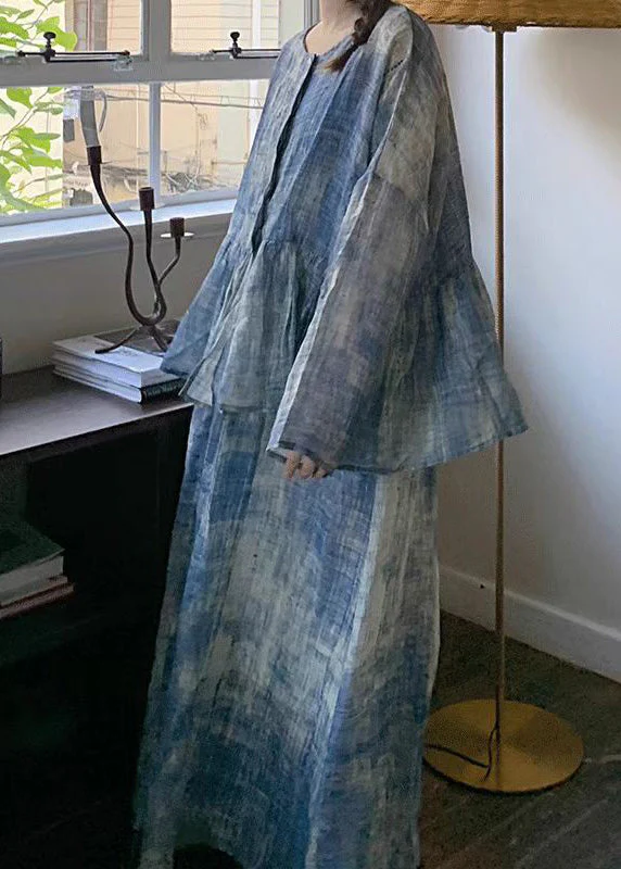 Vintage Blue O Neck Top And Spaghetti Strap Dress Cotton Two-Piece Set Spring - Image 5