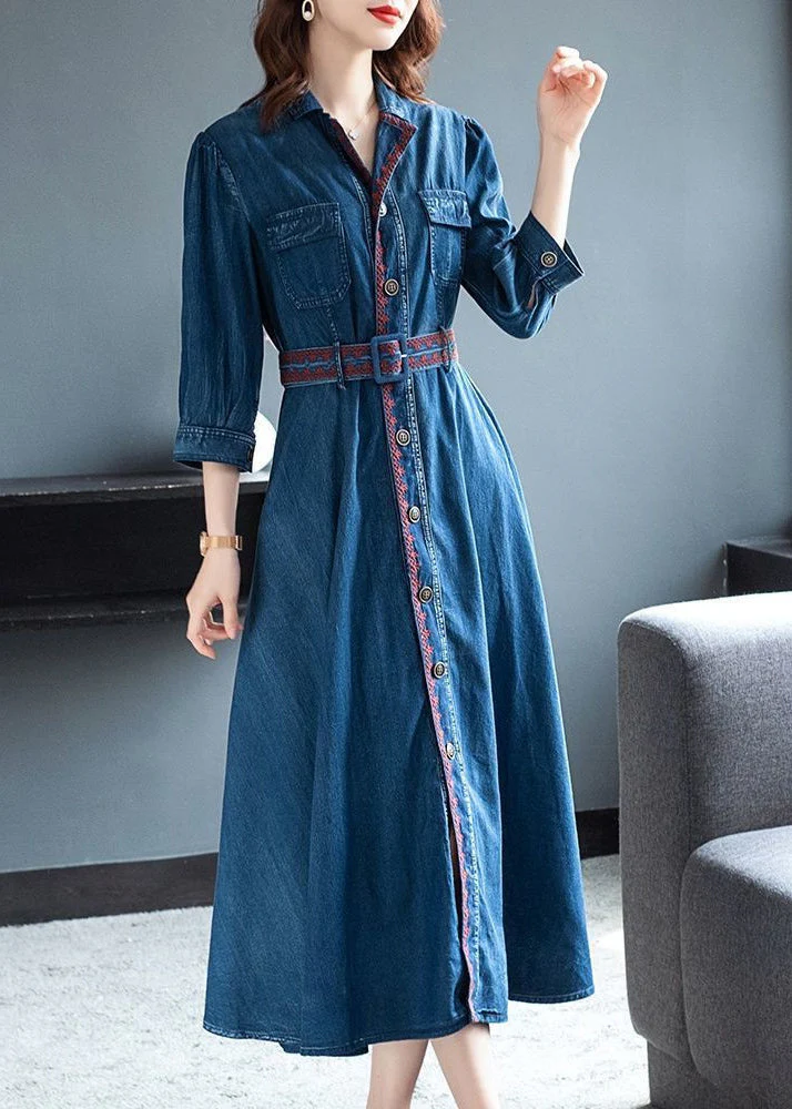 Vintage Blue Peter Pan Collar button Sashes Embroideried Cotton Vacation Dresses Three Quarter sleeve - Image 2