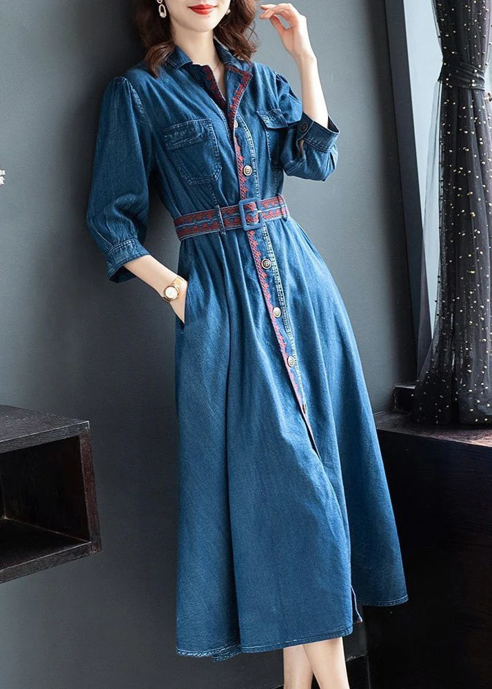 Vintage Blue Peter Pan Collar button Sashes Embroideried Cotton Vacation Dresses Three Quarter sleeve - Image 3