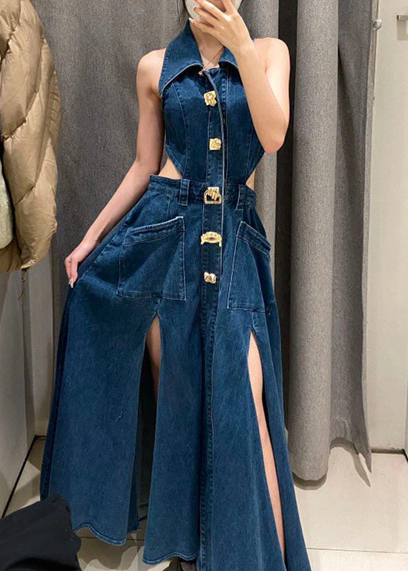 Vintage Blue Peter Pan Collar Patchwork Pockets Hollow Out Denim Long Dresses Summer - Image 2