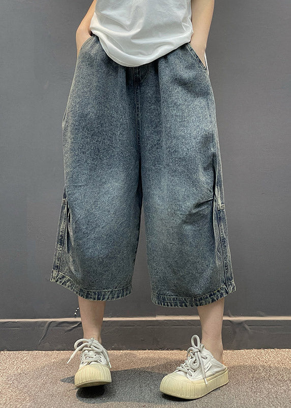 Vintage Blue Pockets Patchwork Crop Jeans Summer - Image 2