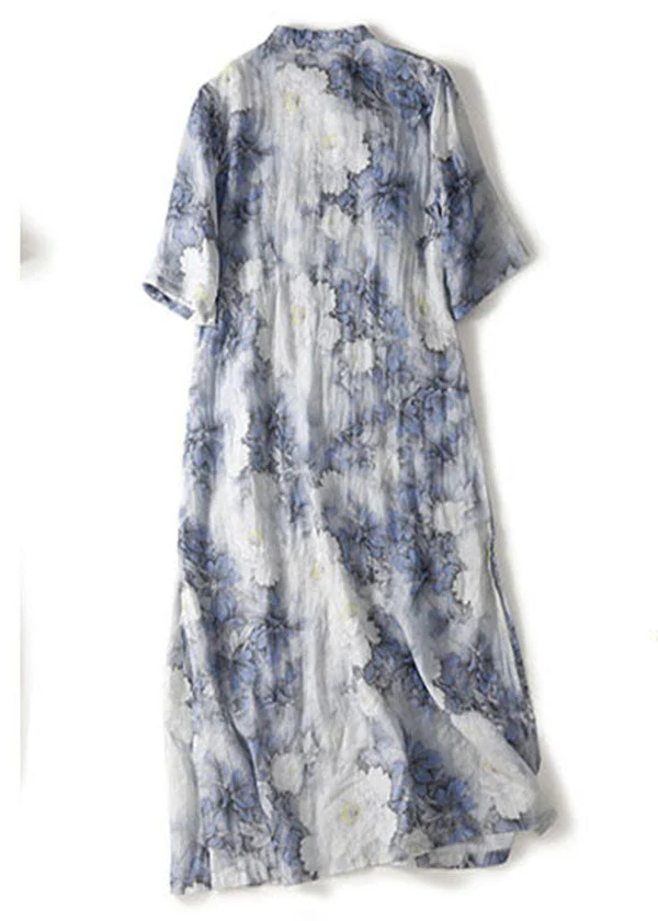 Vintage Blue Print Mandarin Collar Cotton Cheongsam Dresses Summer - Image 2