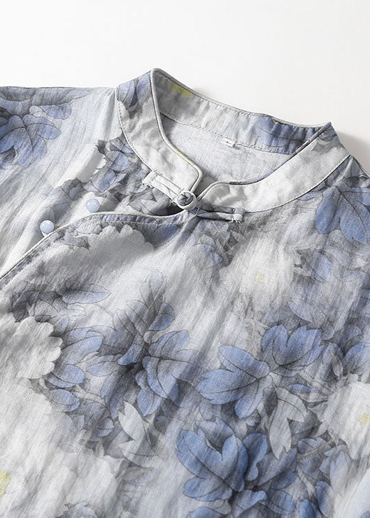 Vintage Blue Print Mandarin Collar Cotton Cheongsam Dresses Summer - Image 3