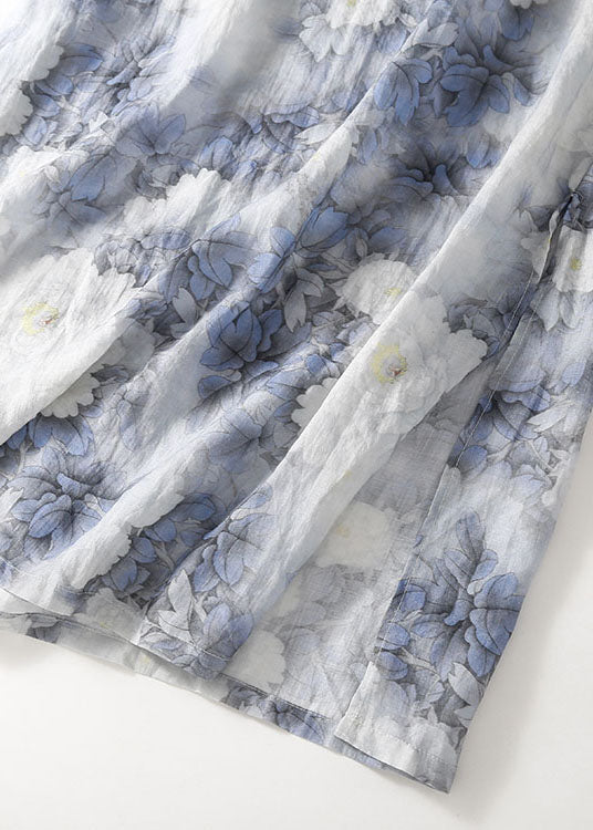 Vintage Blue Print Mandarin Collar Cotton Cheongsam Dresses Summer - Image 4