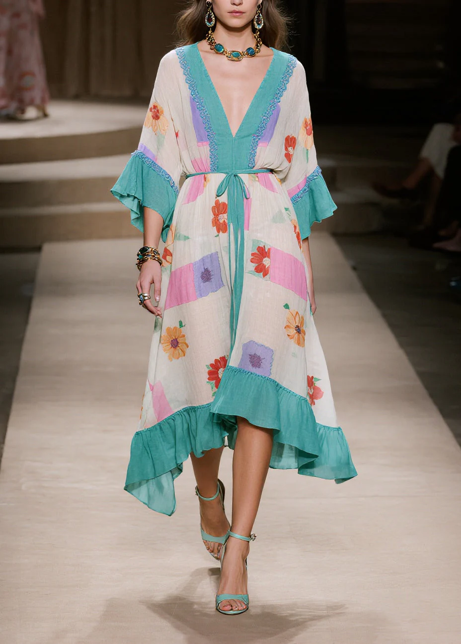 Vintage Blue Print Patchwork Ruffles Cotton Dresses Summer